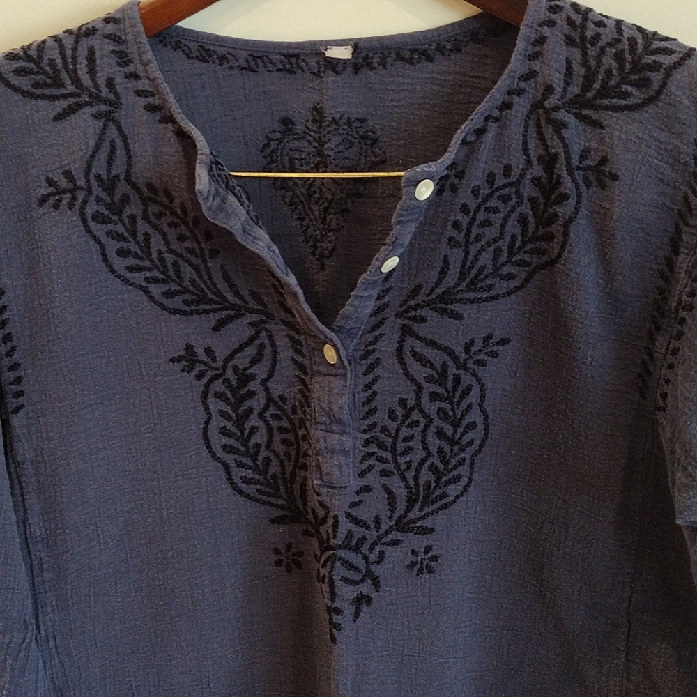 World Market 100% Cotton Textured Tunic Size Medium Navy Blue 3/4 Sleeves - Picture 2 of 5